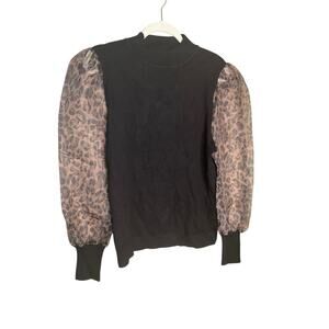 Sioni Leopard Print Sheer Sleeve Mockneck Sweater Pullover Black Womens Sz L NEW